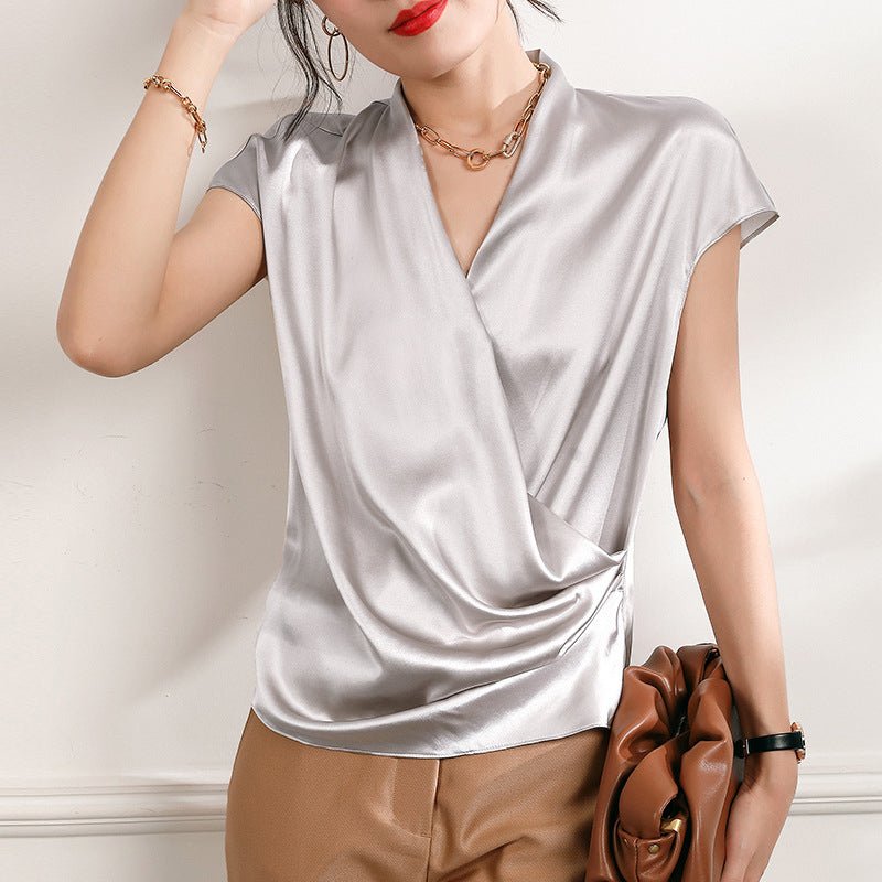 Women's V-Neck Silk Wrap Blouse Short Sleeve Silk Shirt