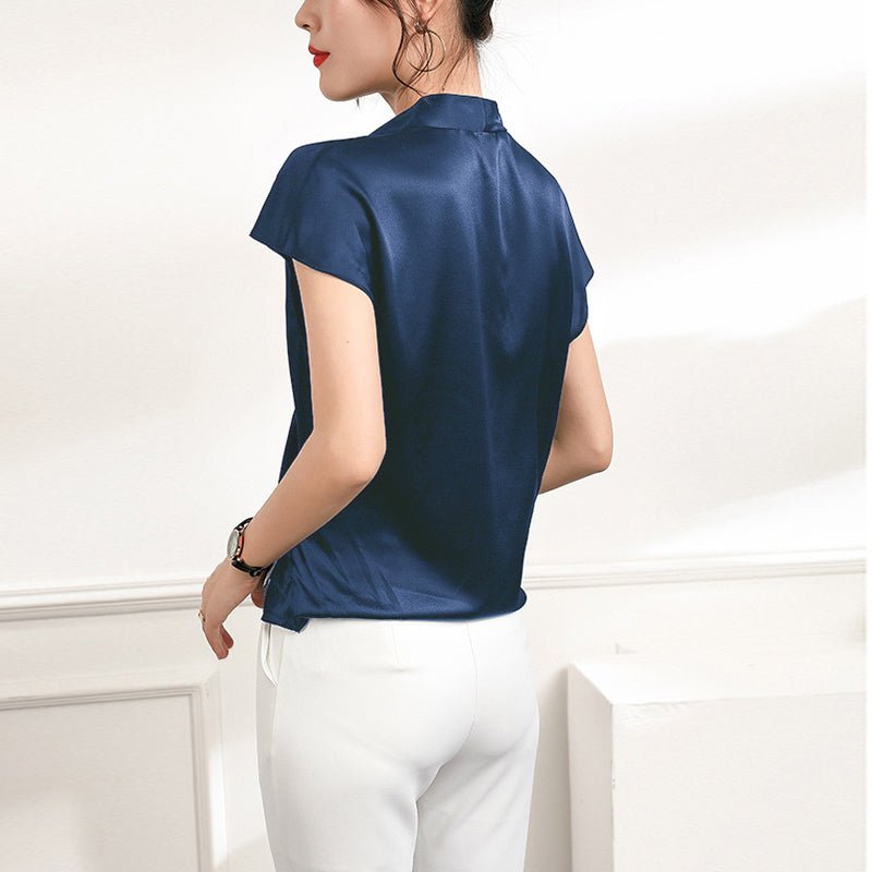 Women's V-Neck Silk Wrap Blouse Short Sleeve Silk Shirt