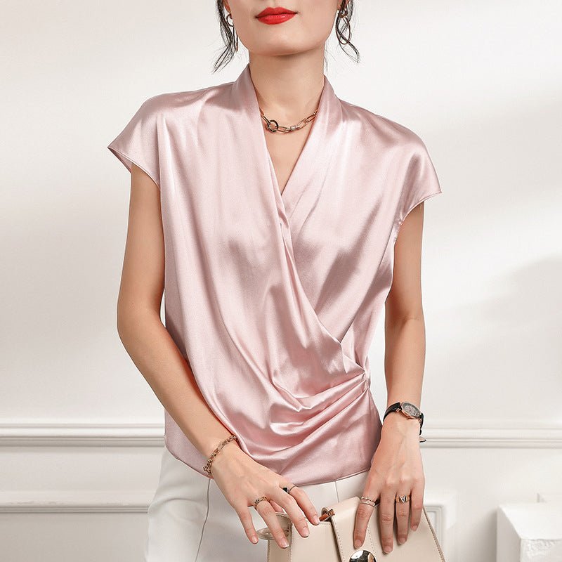 Women's V-Neck Silk Wrap Blouse Short Sleeve Silk Shirt