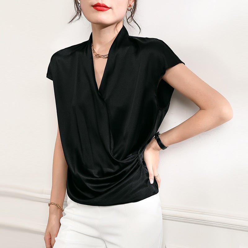 Women's V-Neck Silk Wrap Blouse Short Sleeve Silk Shirt