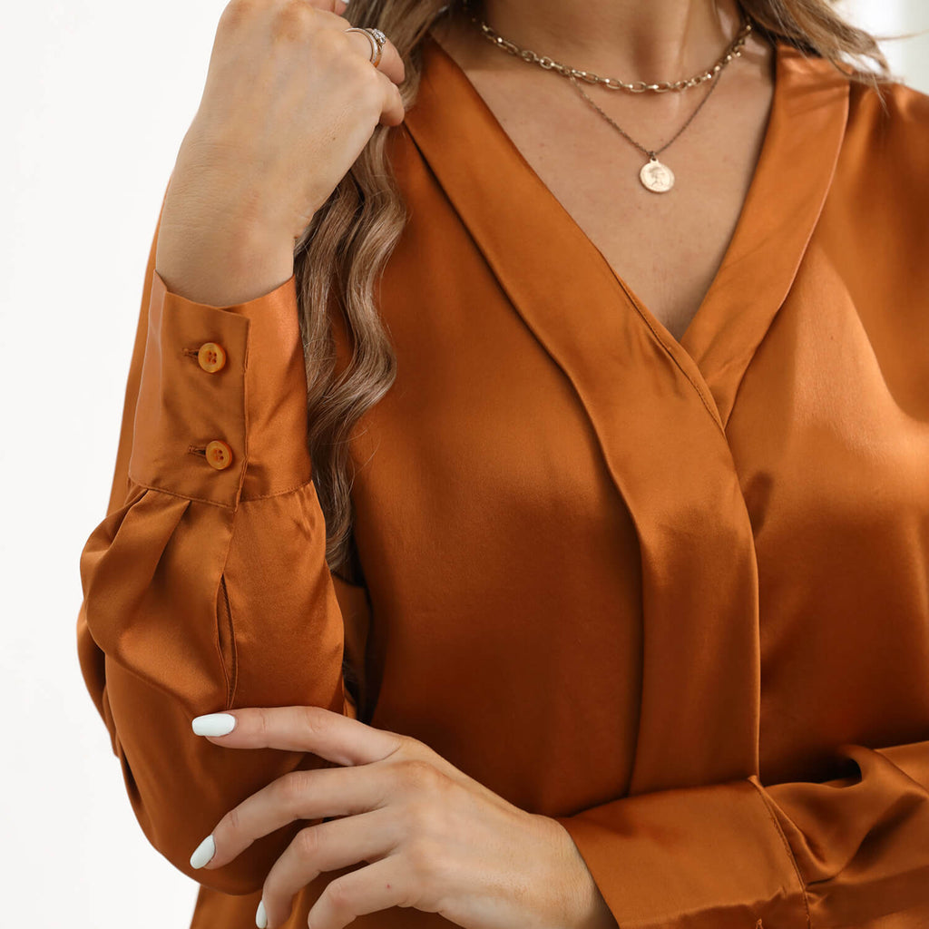 V Neck & Ribbon Silk Blouse For Women Long Sleeves Silk Shirt