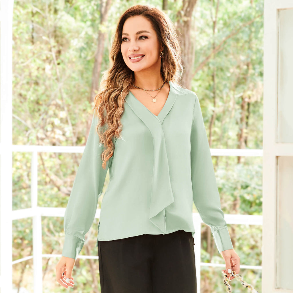 V Neck & Ribbon Silk Blouse For Women Long Sleeves Silk Shirt