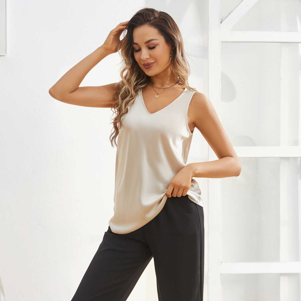 V Neck Women's Silk Tank Top Mulberry Sleeveless Silk Top