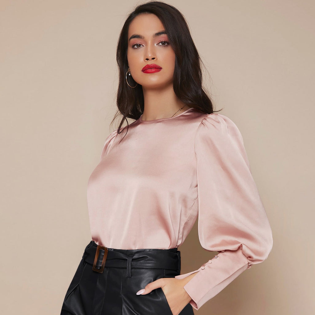 Women's Lantern Sleeve Silk Blouse Long Silk Shirt