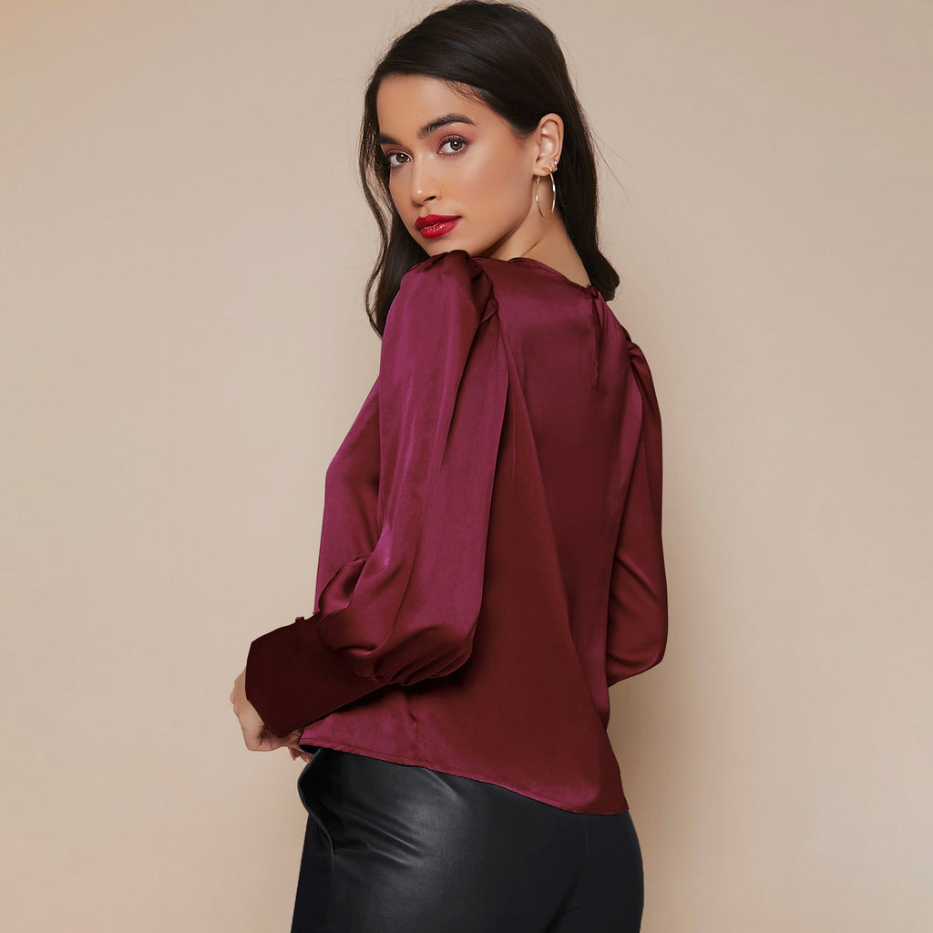 Women's Lantern Sleeve Silk Blouse Long Silk Shirt