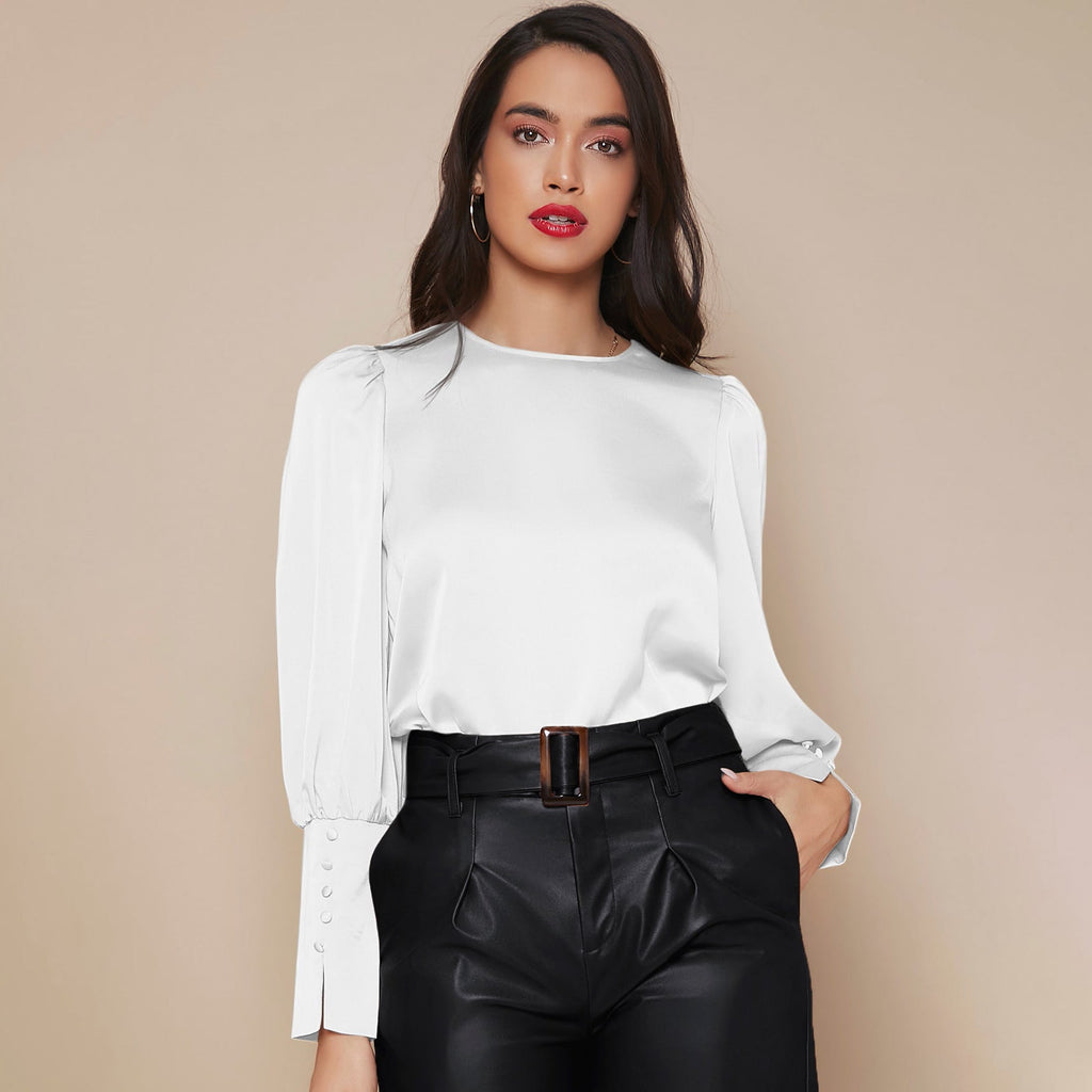 Women's Lantern Sleeve Silk Blouse Long Silk Shirt