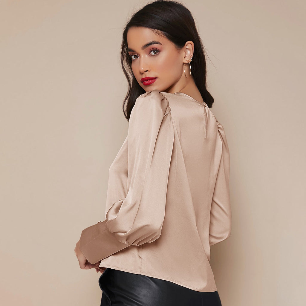 Women's Lantern Sleeve Silk Blouse Long Silk Shirt