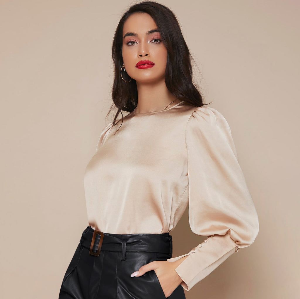 Women's Lantern Sleeve Silk Blouse Long Silk Shirt