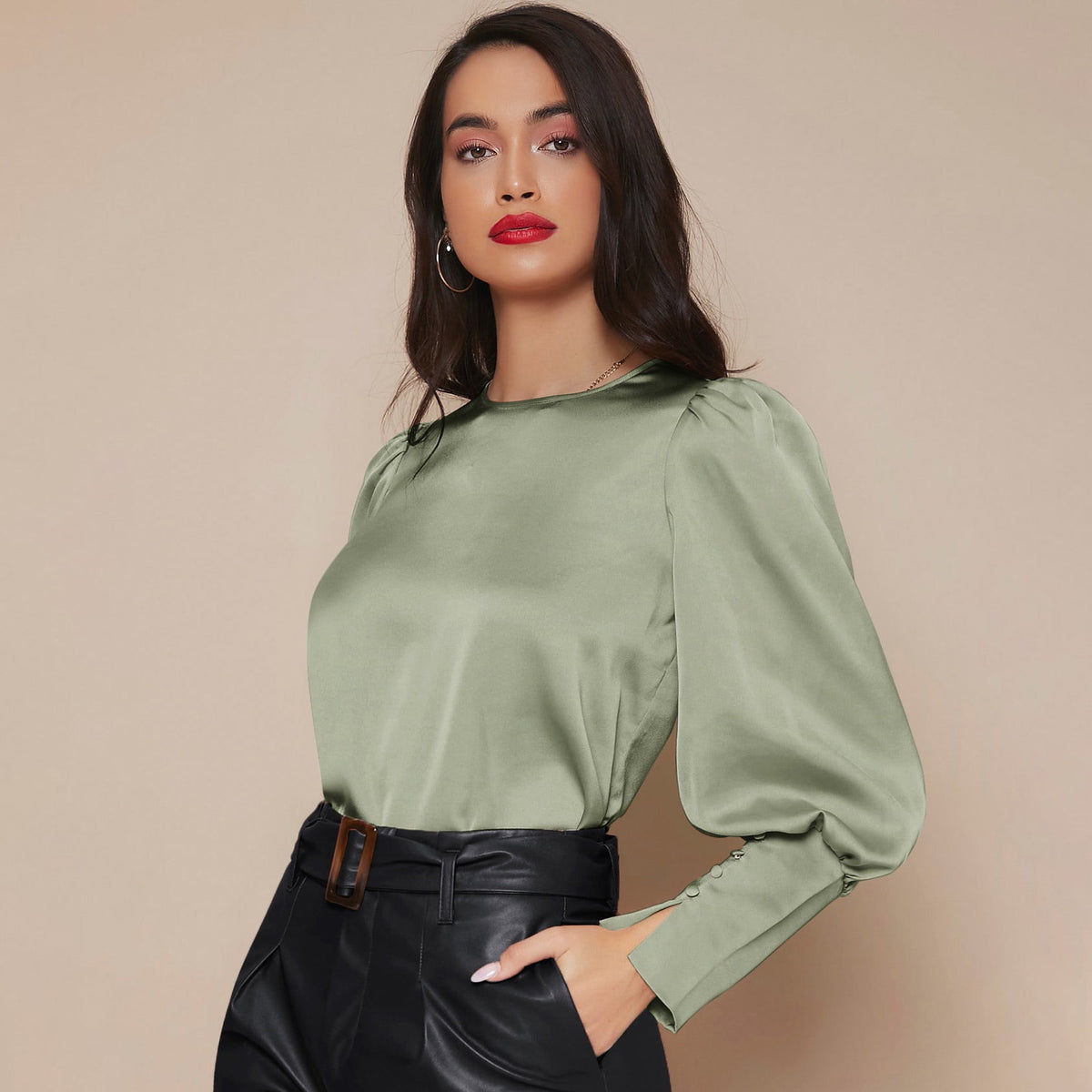 Women's Lantern Sleeve Silk Blouse Long Silk Shirt