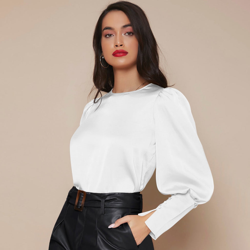 Women's Lantern Sleeve Silk Blouse Long Silk Shirt