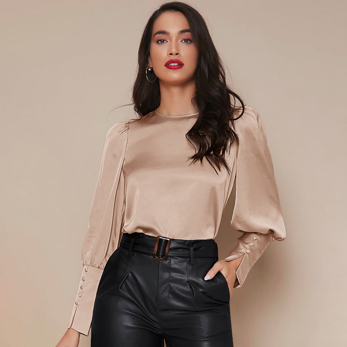 Women's Lantern Sleeve Silk Blouse Long Silk Shirt