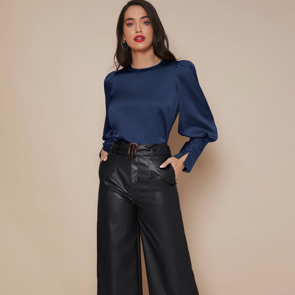 Women's Lantern Sleeve Silk Blouse Long Silk Shirt