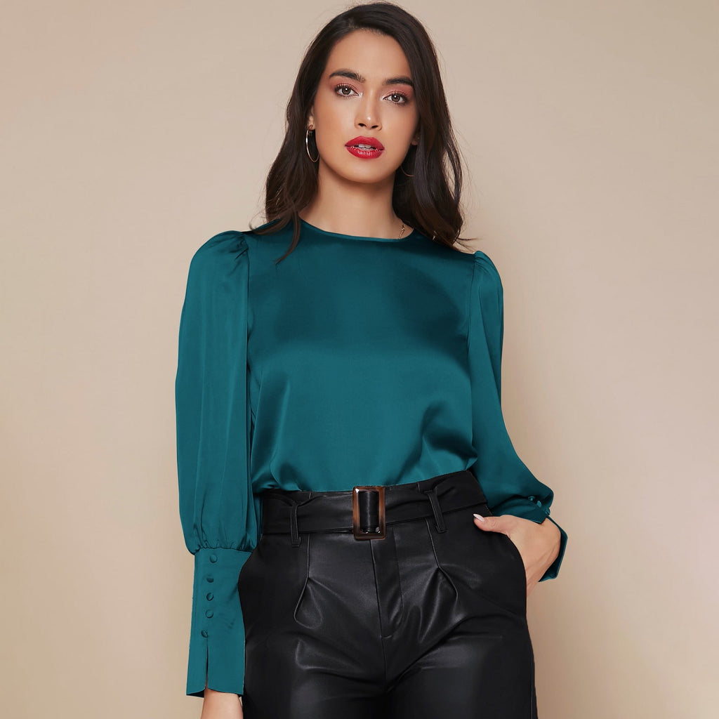 Women's Lantern Sleeve Silk Blouse Long Silk Shirt