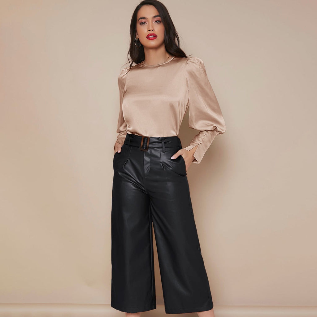 Women's Lantern Sleeve Silk Blouse Long Silk Shirt