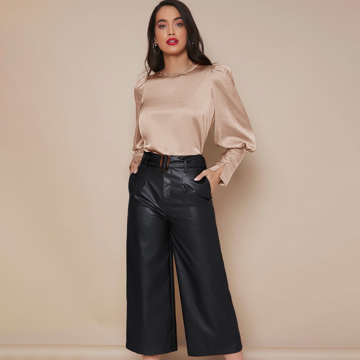 Women's Lantern Sleeve Silk Blouse Long Silk Shirt