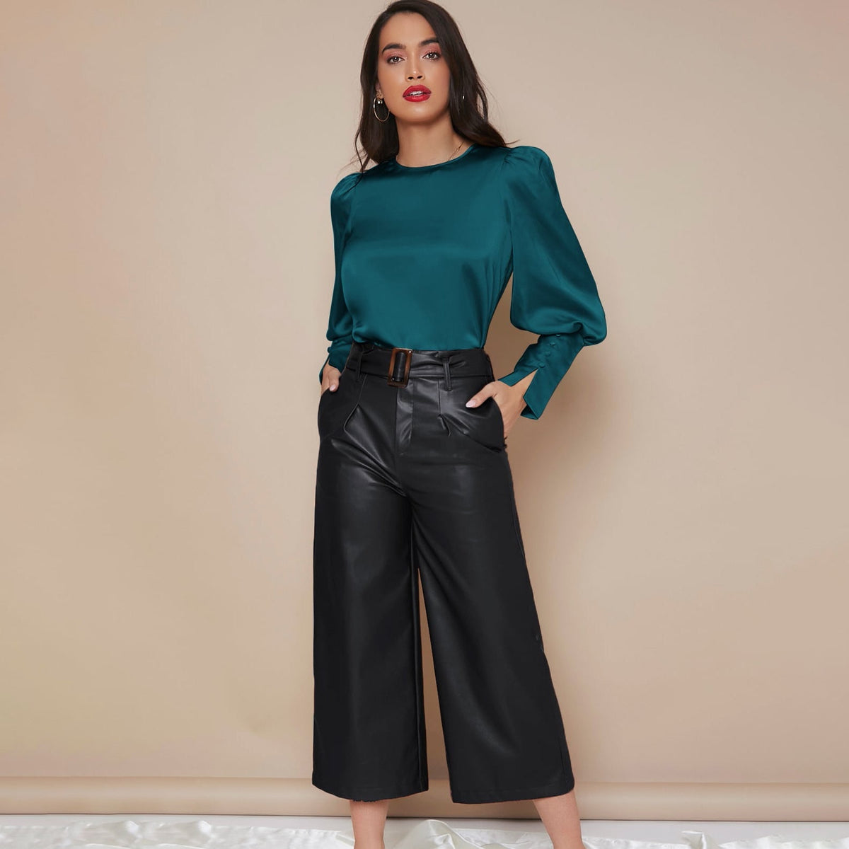 Women's Lantern Sleeve Silk Blouse Long Silk Shirt