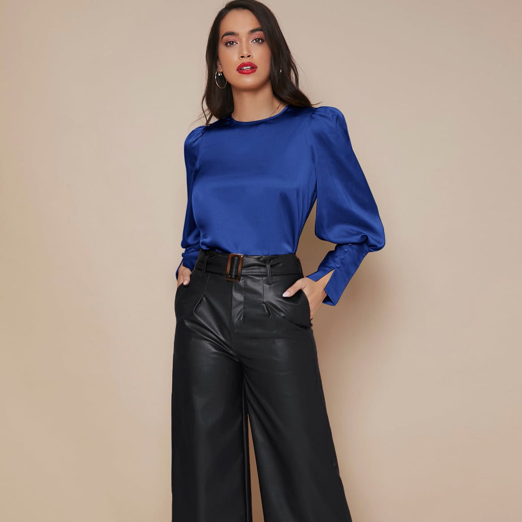 Women's Lantern Sleeve Silk Blouse Long Silk Shirt