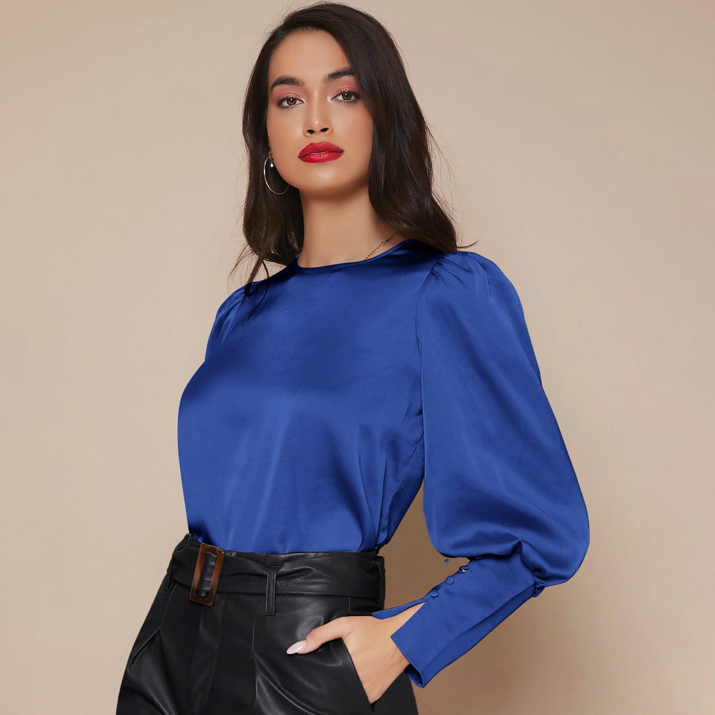 Women's Lantern Sleeve Silk Blouse Long Silk Shirt