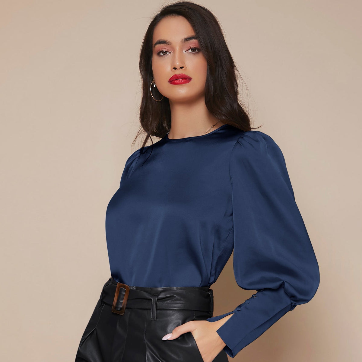 Women's Lantern Sleeve Silk Blouse Long Silk Shirt
