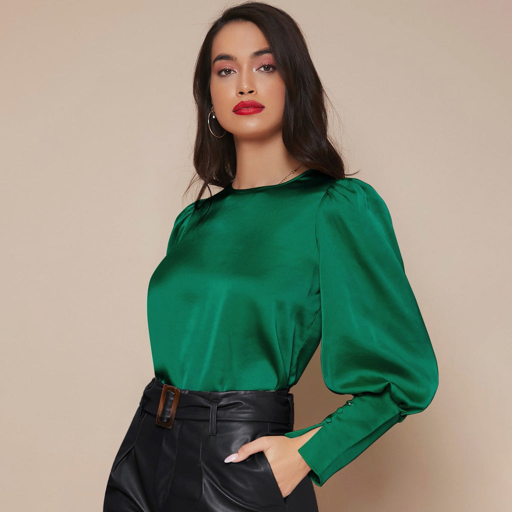 Women's Lantern Sleeve Silk Blouse Long Silk Shirt