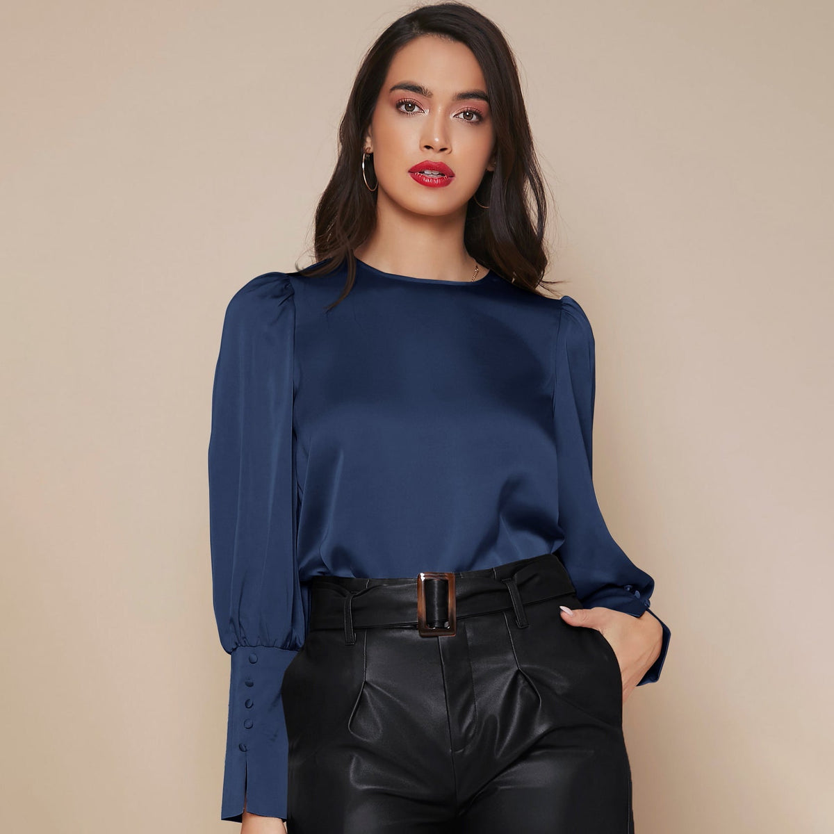Women's Lantern Sleeve Silk Blouse Long Silk Shirt