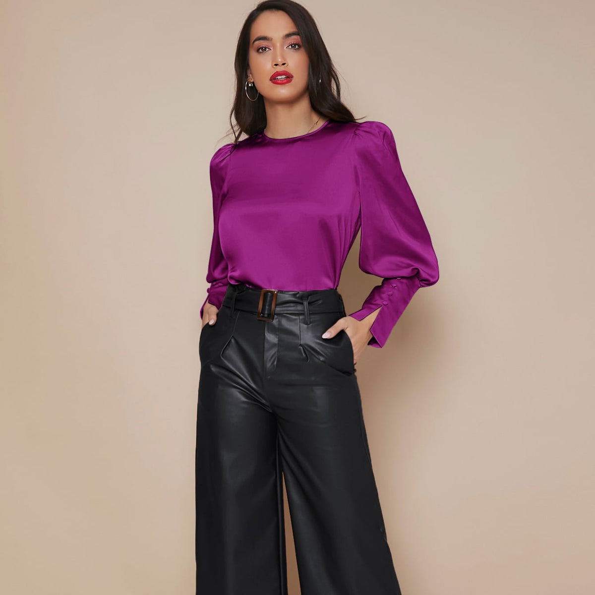 Women's Lantern Sleeve Silk Blouse Long Silk Shirt