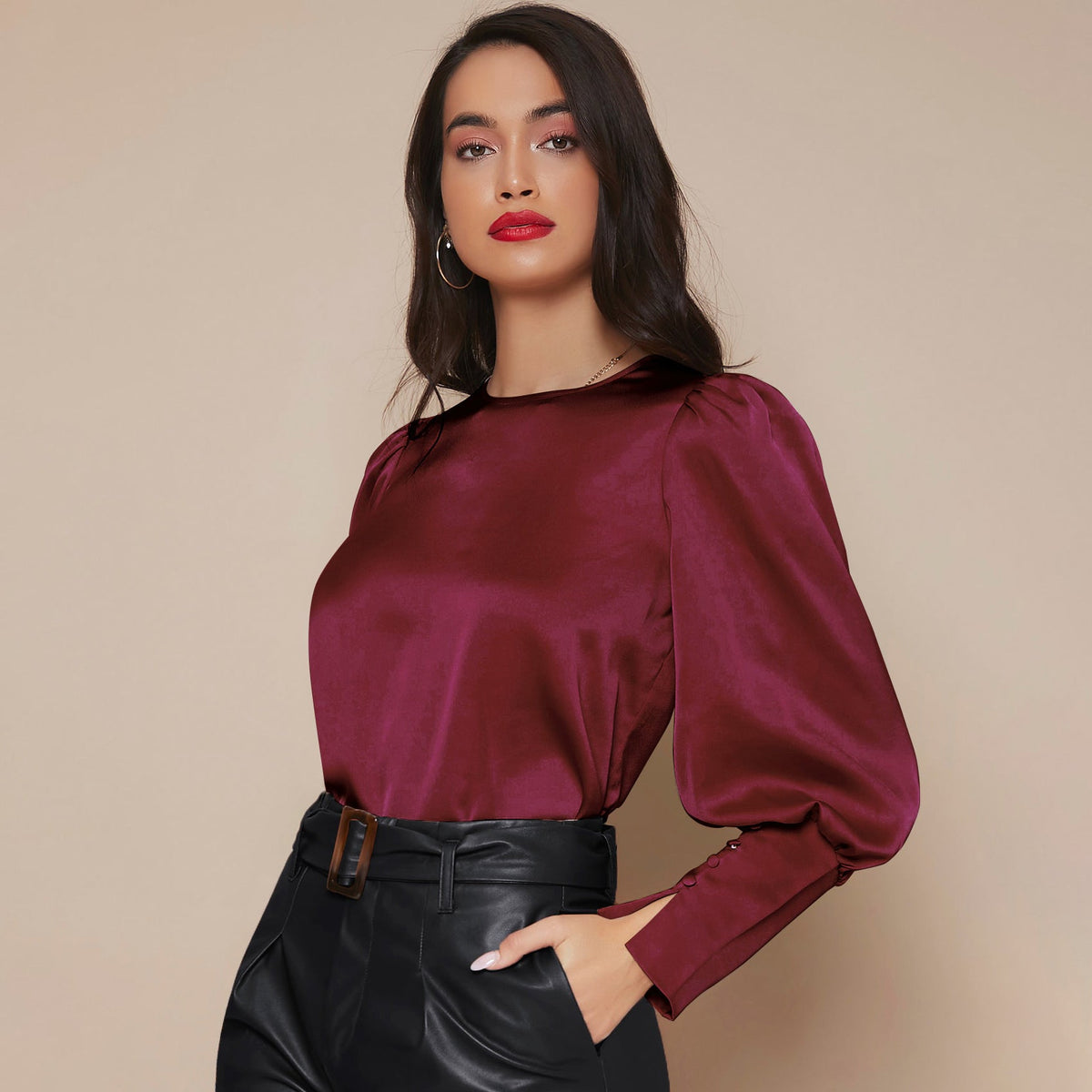 Women's Lantern Sleeve Silk Blouse Long Silk Shirt