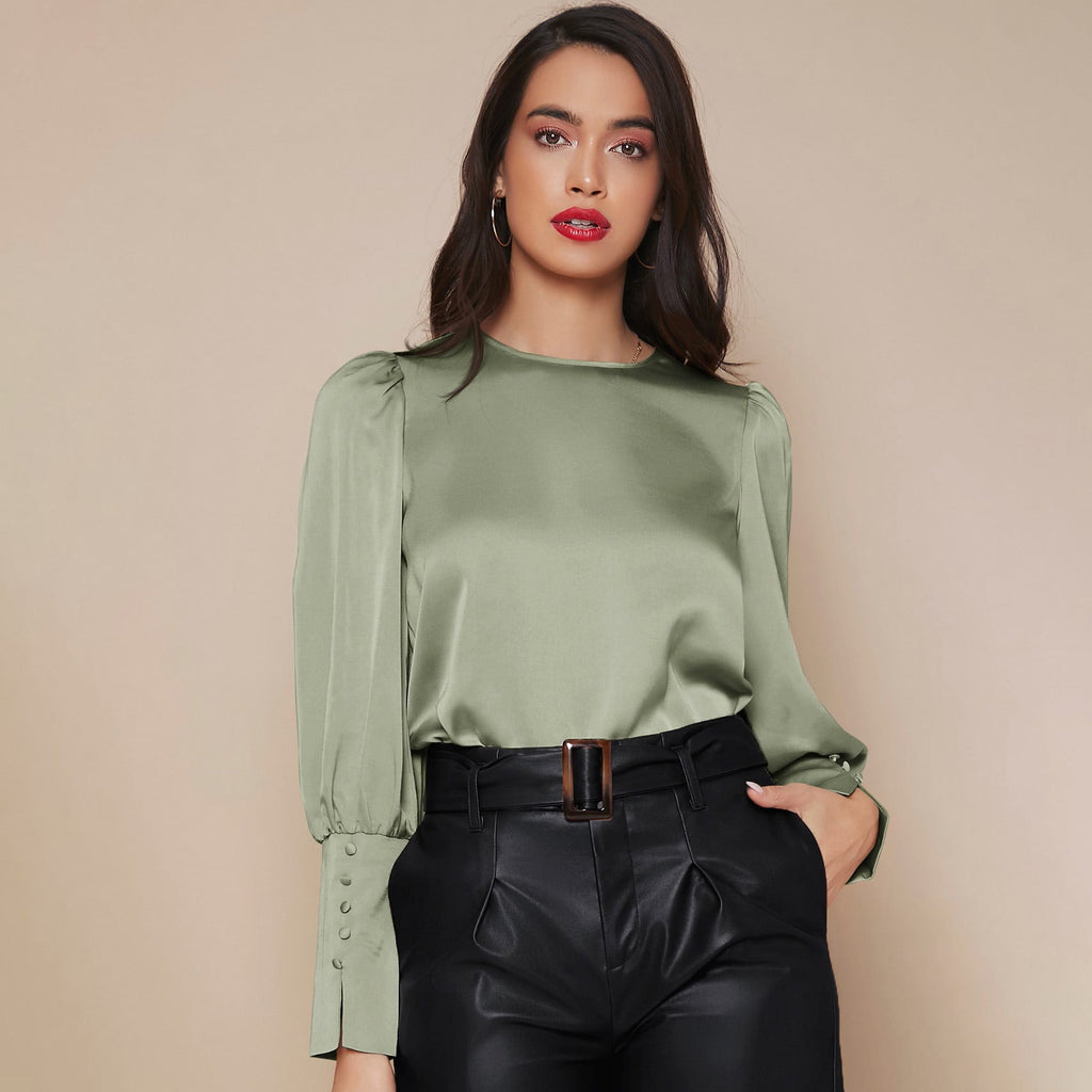 Women's Lantern Sleeve Silk Blouse Long Silk Shirt