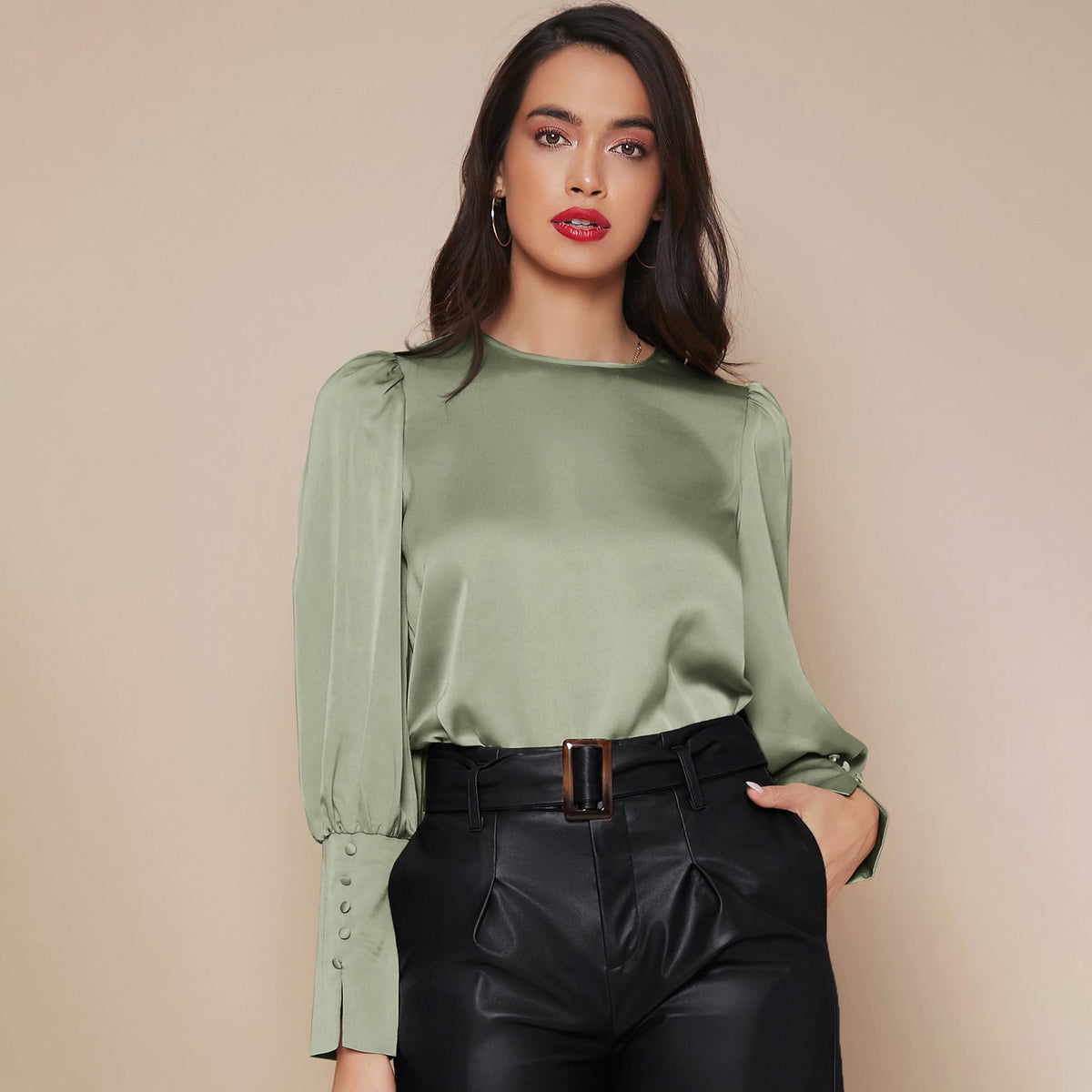 Women's Lantern Sleeve Silk Blouse Long Silk Shirt