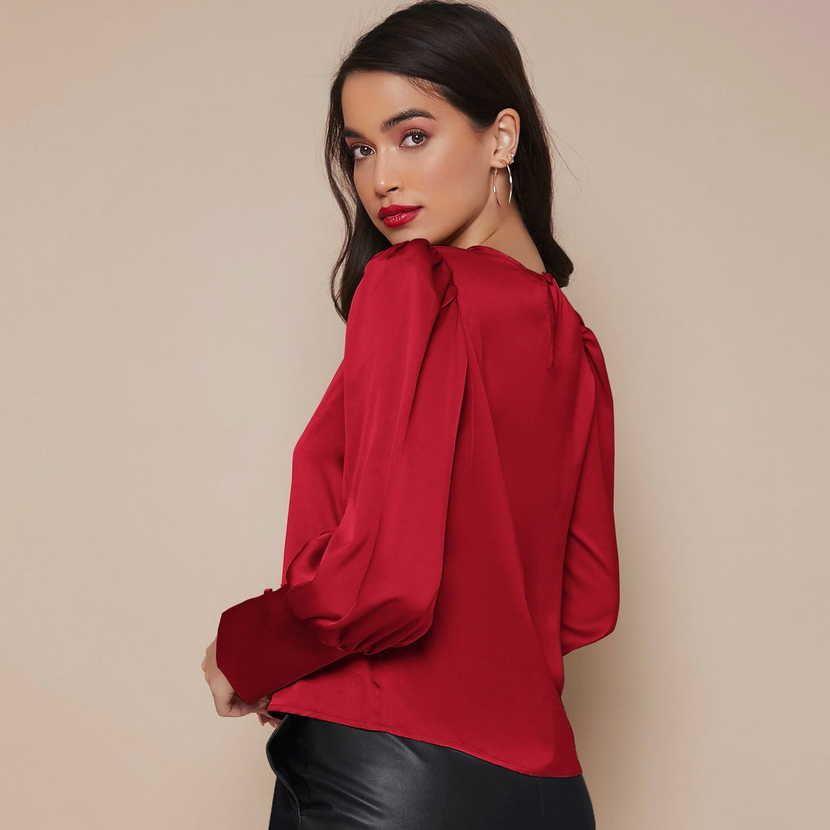 Women's Lantern Sleeve Silk Blouse Long Silk Shirt