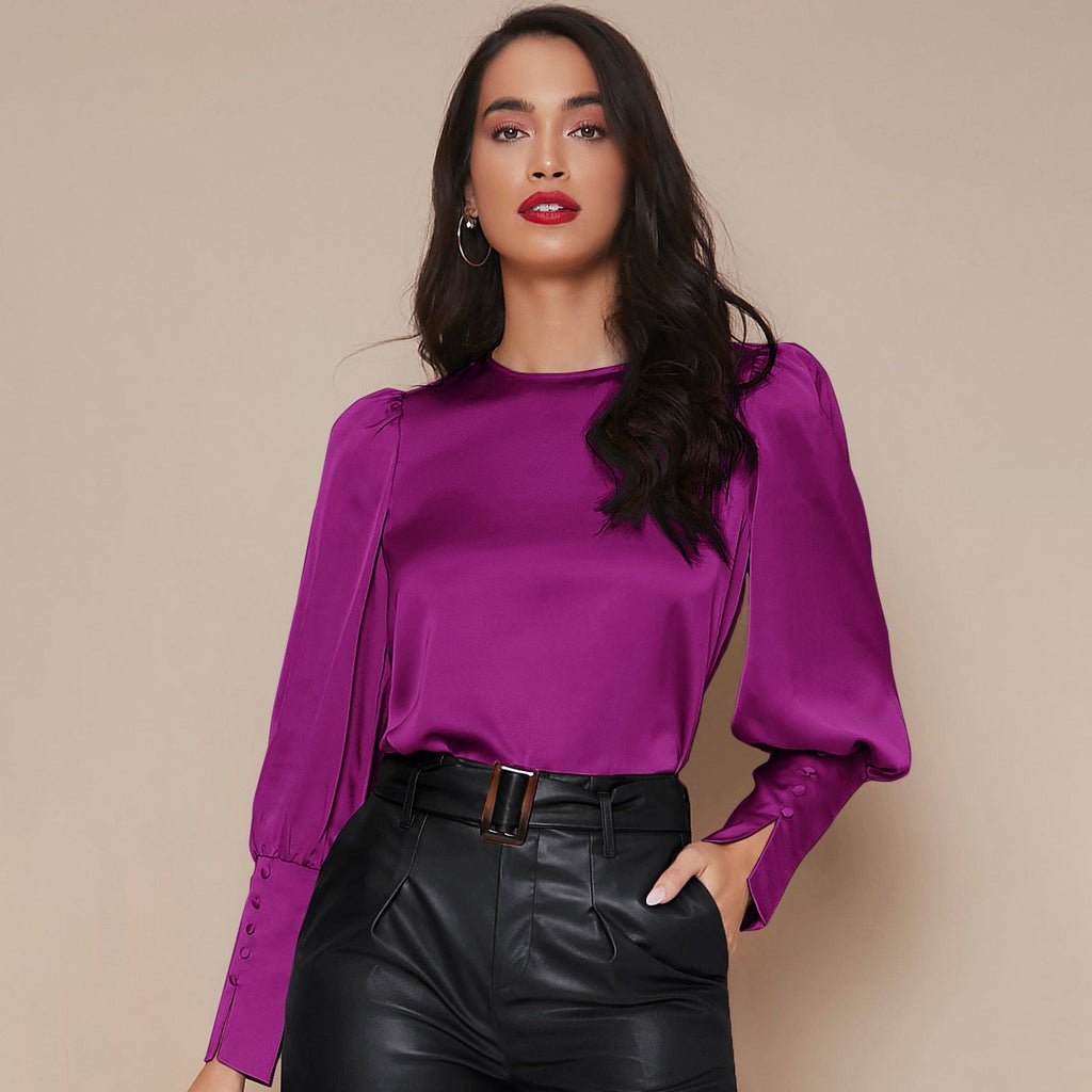 Women's Lantern Sleeve Silk Blouse Long Silk Shirt