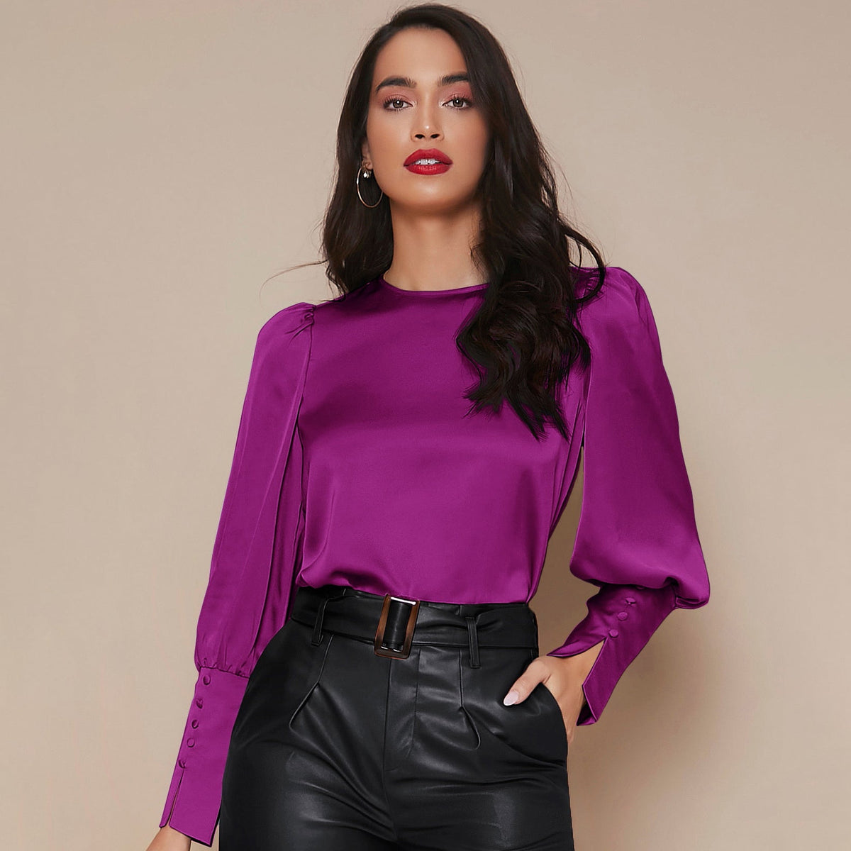 Women's Lantern Sleeve Silk Blouse Long Silk Shirt