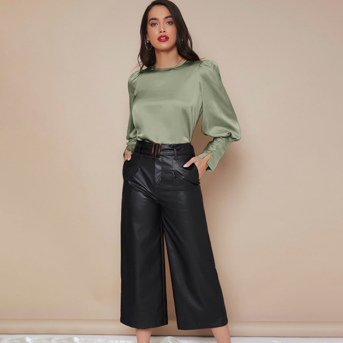 Women's Lantern Sleeve Silk Blouse Long Silk Shirt