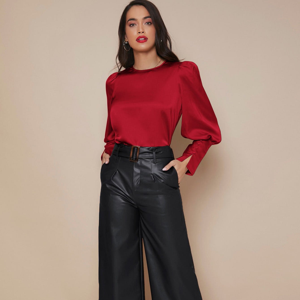 Women's Lantern Sleeve Silk Blouse Long Silk Shirt