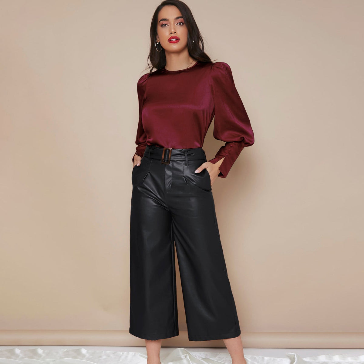 Women's Lantern Sleeve Silk Blouse Long Silk Shirt