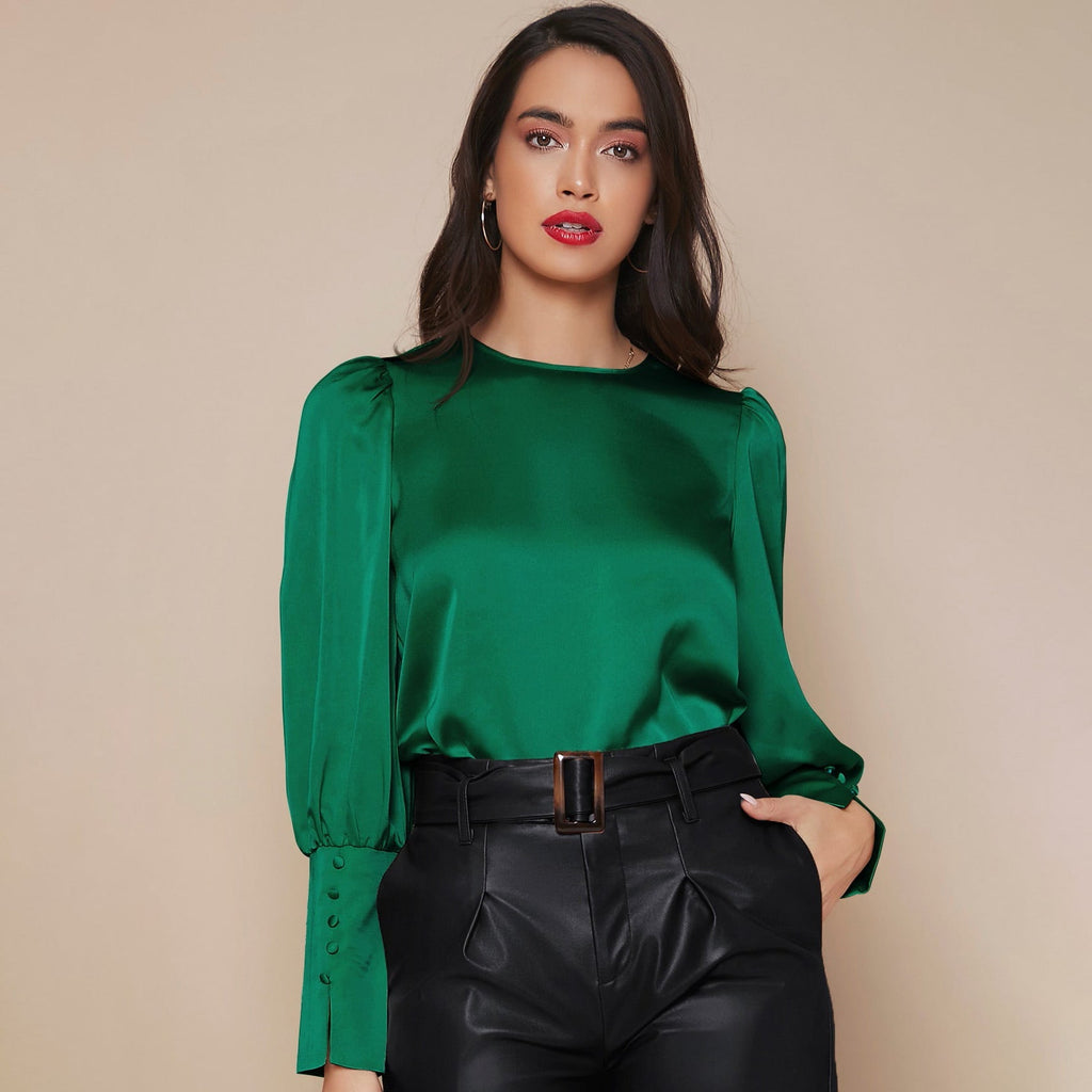 Women's Lantern Sleeve Silk Blouse Long Silk Shirt