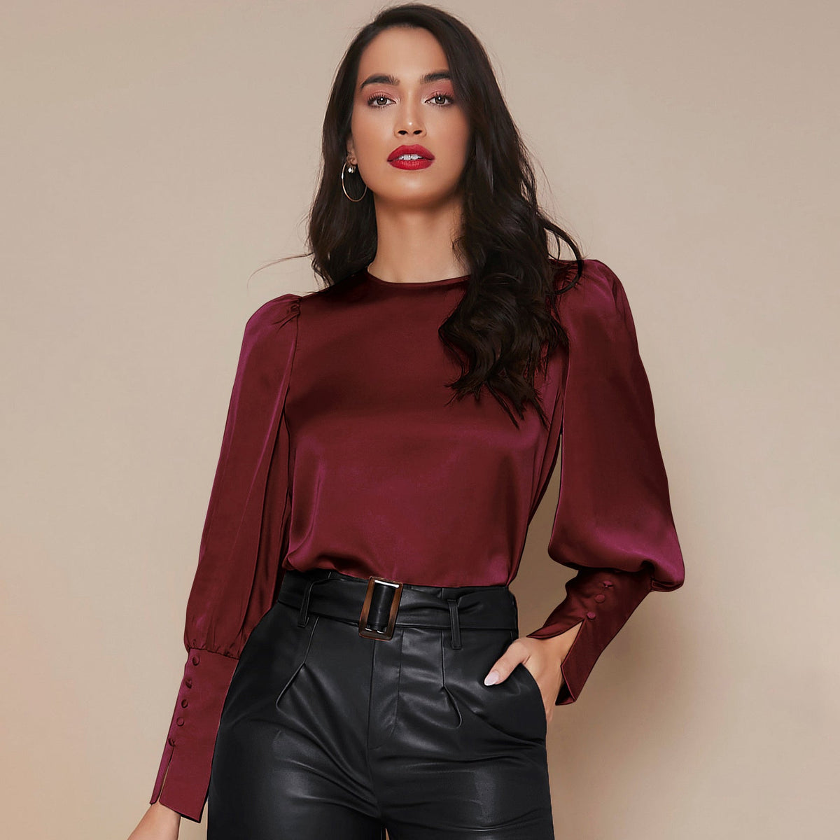 Women's Lantern Sleeve Silk Blouse Long Silk Shirt