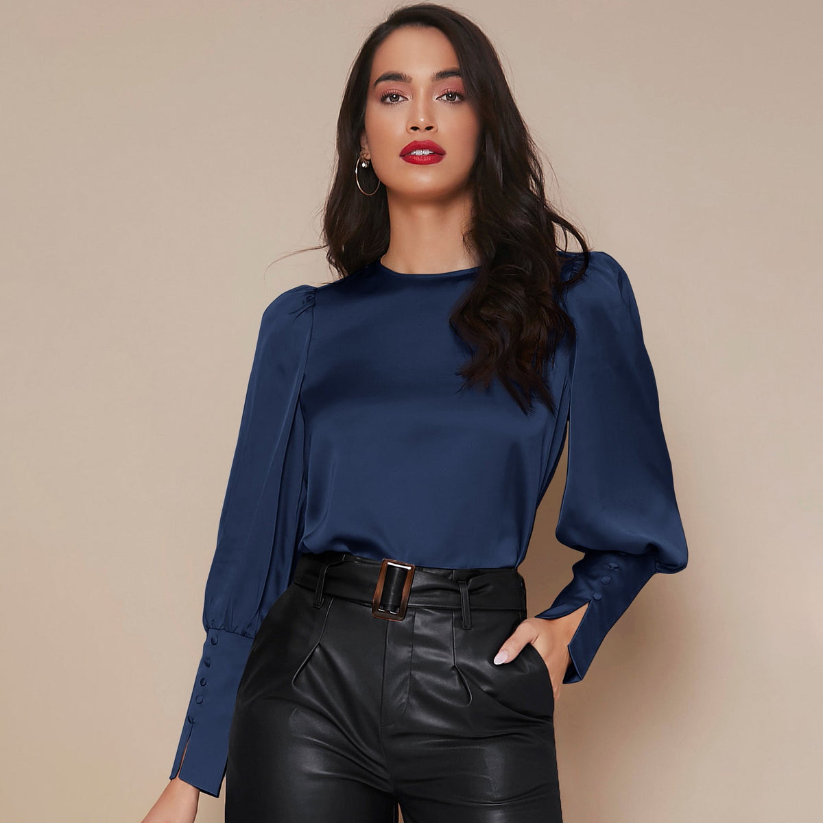 Women's Lantern Sleeve Silk Blouse Long Silk Shirt