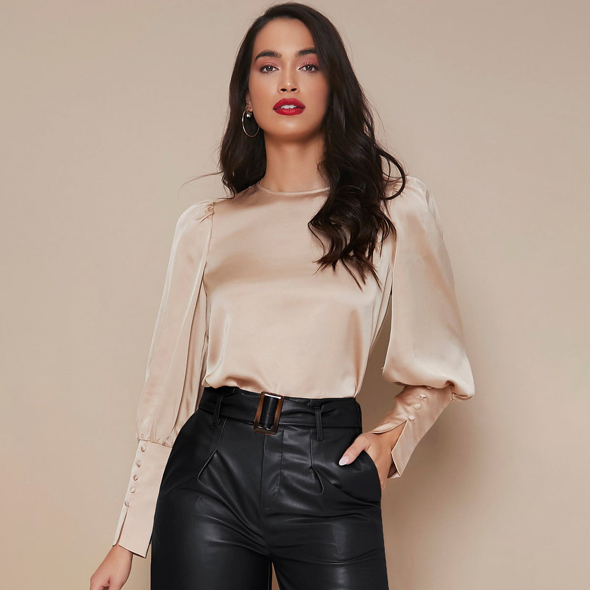 Women's Lantern Sleeve Silk Blouse Long Silk Shirt