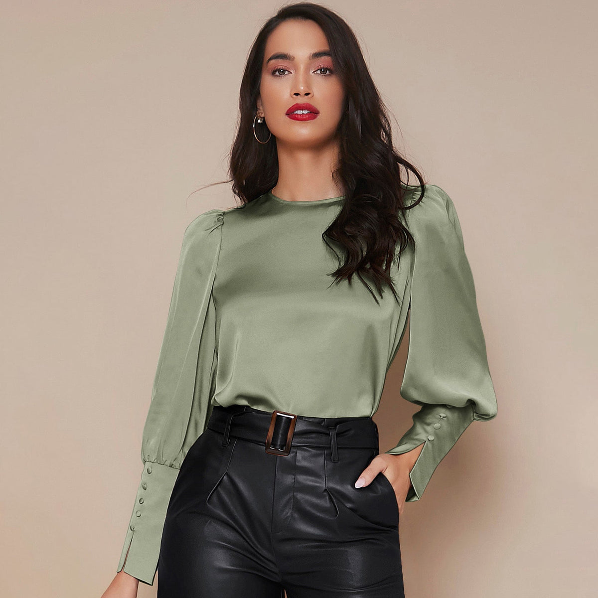 Women's Lantern Sleeve Silk Blouse Long Silk Shirt