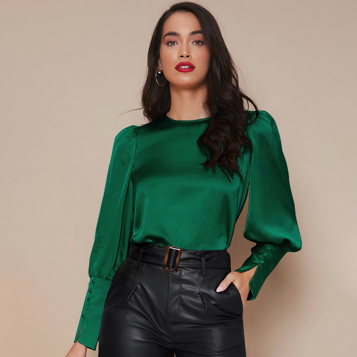 Women's Lantern Sleeve Silk Blouse Long Silk Shirt