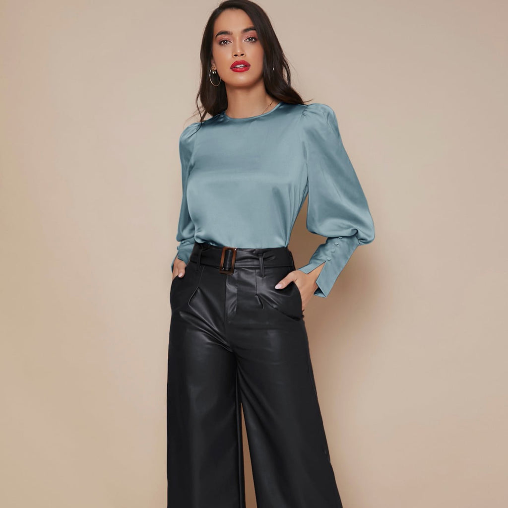 Women's Lantern Sleeve Silk Blouse Long Silk Shirt