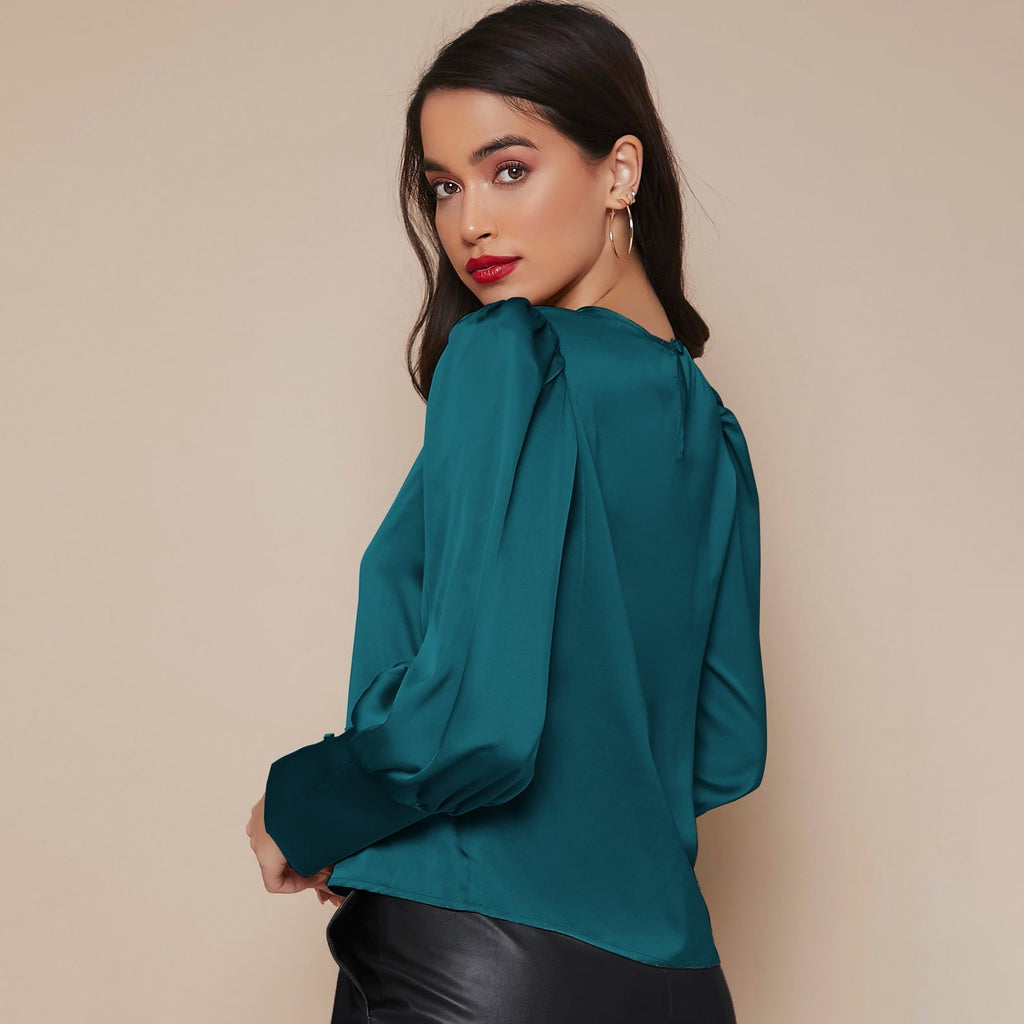Women's Lantern Sleeve Silk Blouse Long Silk Shirt