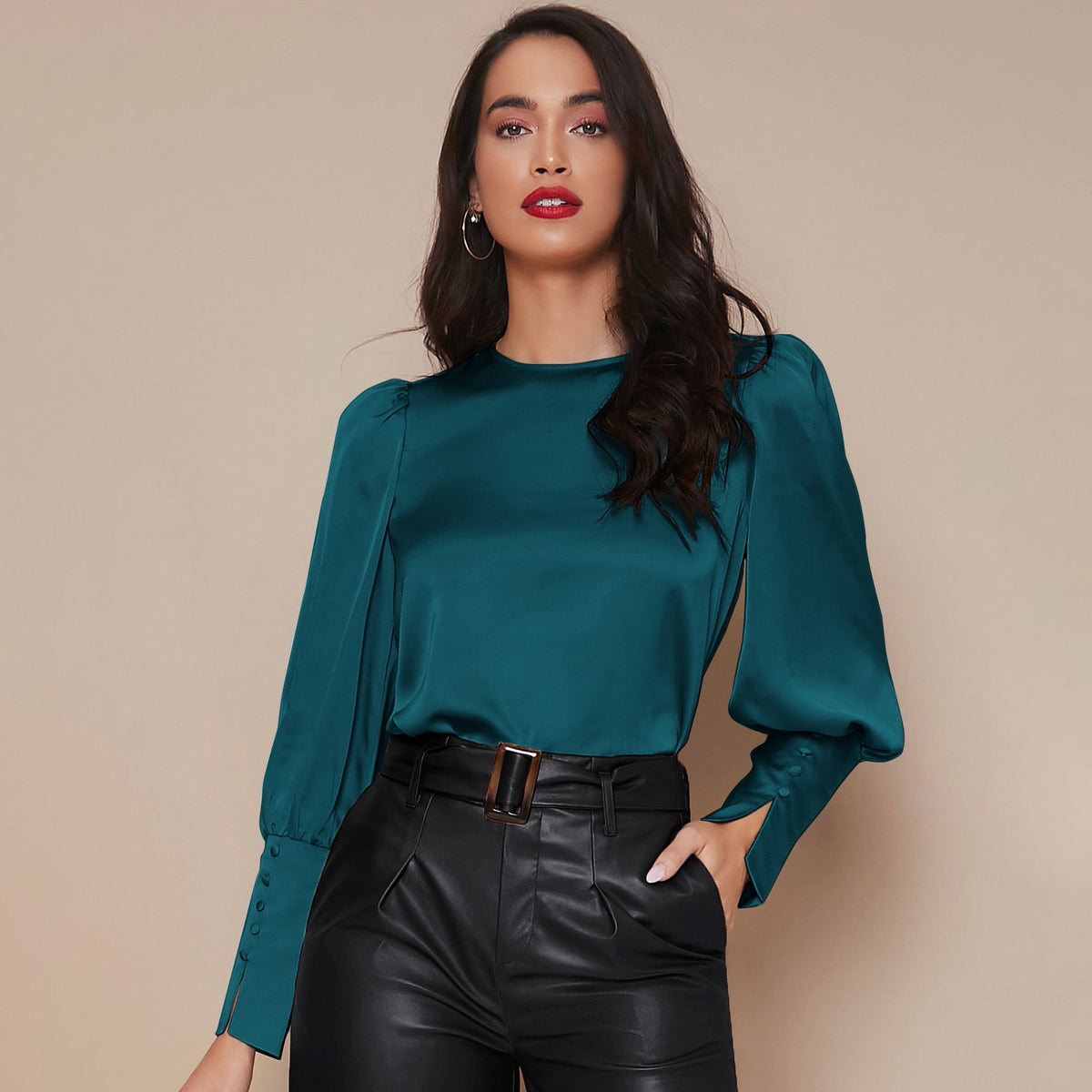 Women's Lantern Sleeve Silk Blouse Long Silk Shirt