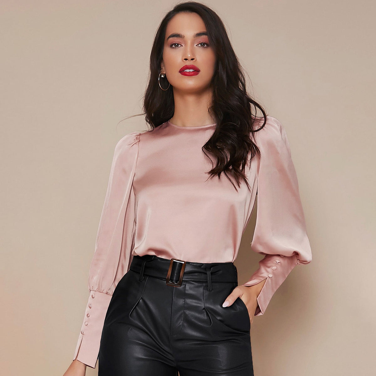 Women's Lantern Sleeve Silk Blouse Long Silk Shirt