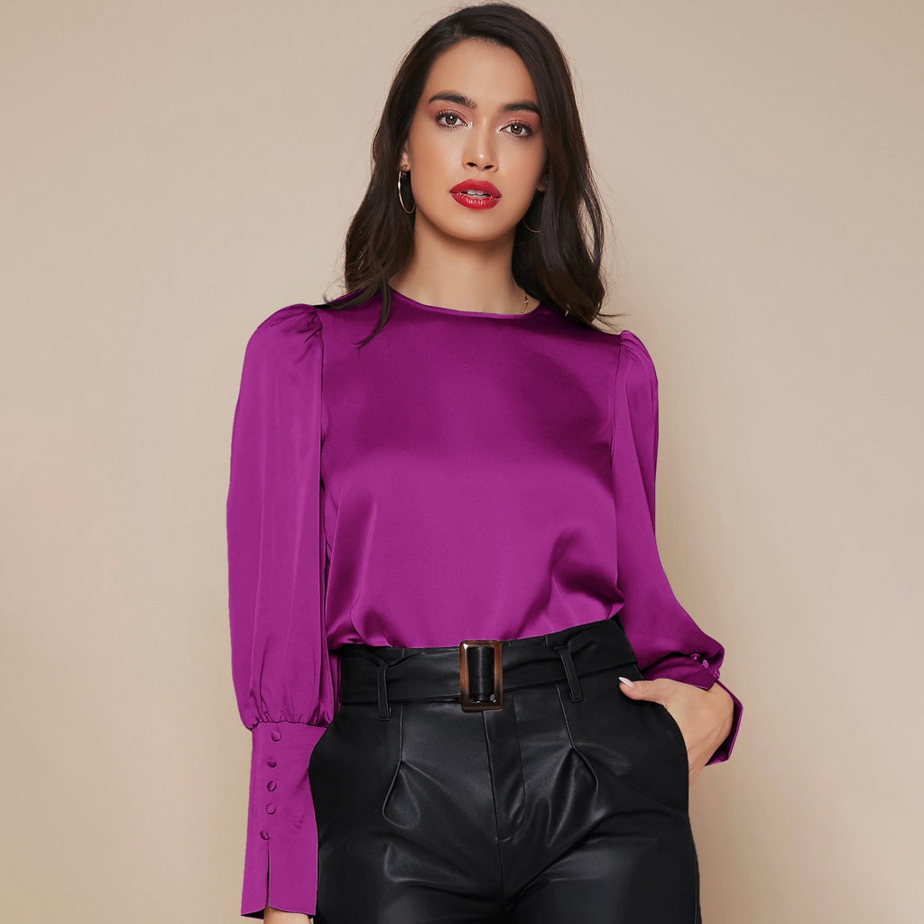Women's Lantern Sleeve Silk Blouse Long Silk Shirt