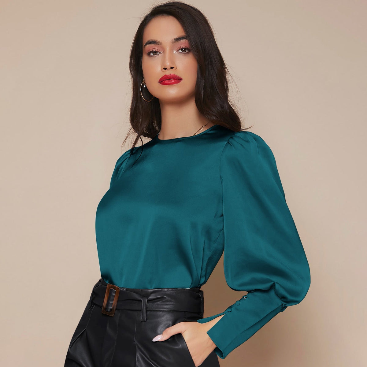 Women's Lantern Sleeve Silk Blouse Long Silk Shirt