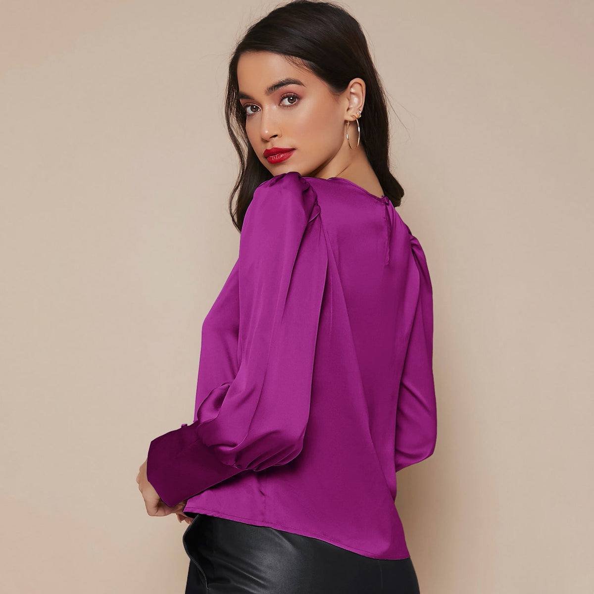 Women's Lantern Sleeve Silk Blouse Long Silk Shirt