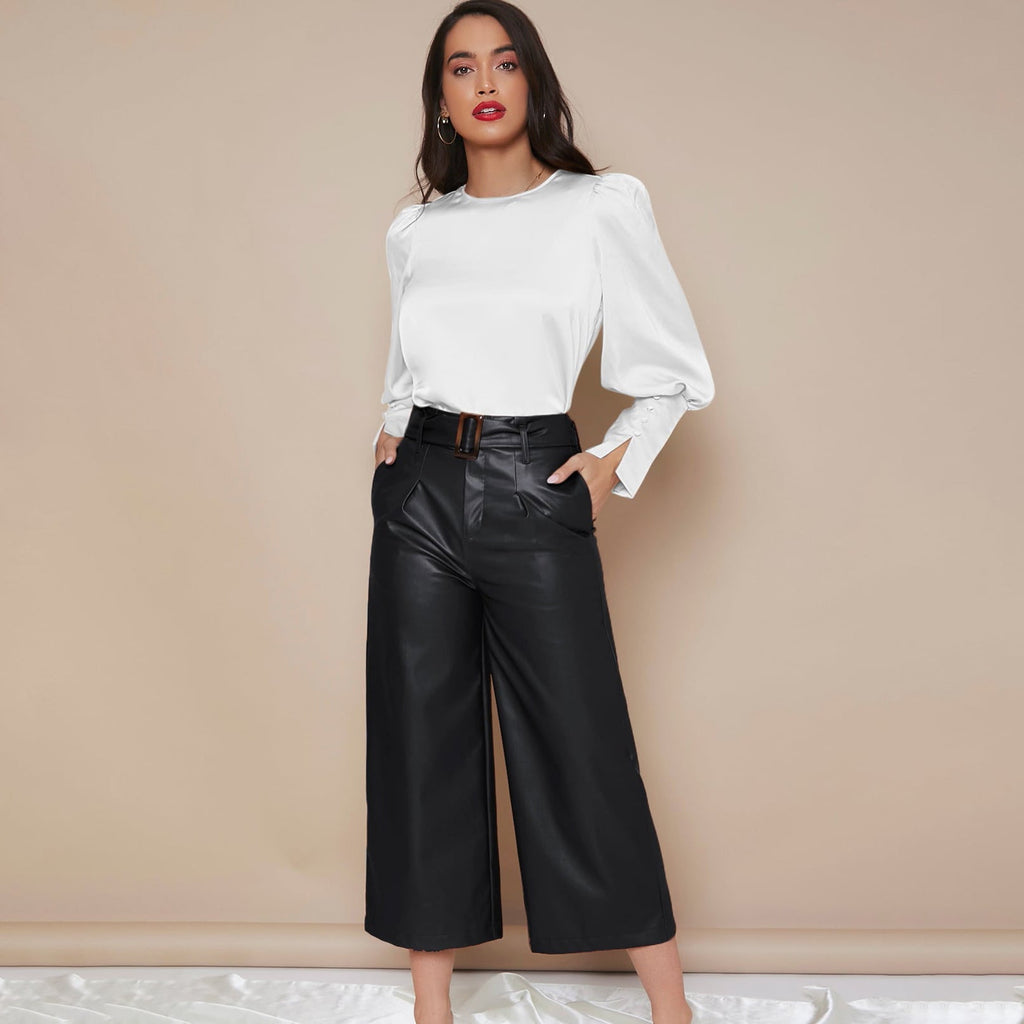 Women's Lantern Sleeve Silk Blouse Long Silk Shirt