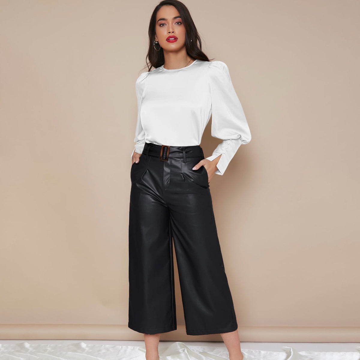 Women's Lantern Sleeve Silk Blouse Long Silk Shirt